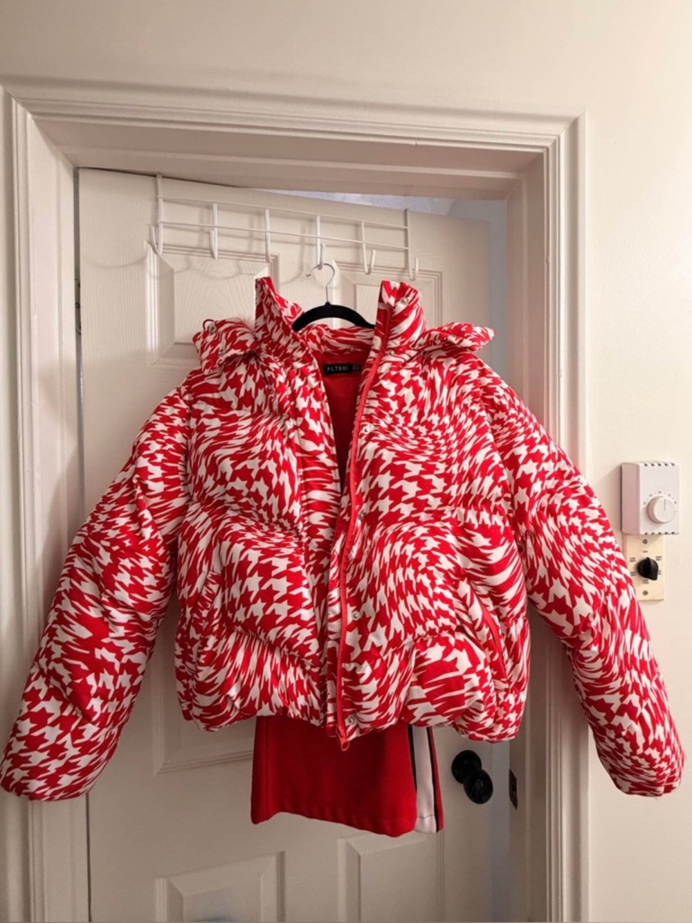 Red and White Houndstooth Checkered Ski Puffer Jacket with Faux Fur Hood